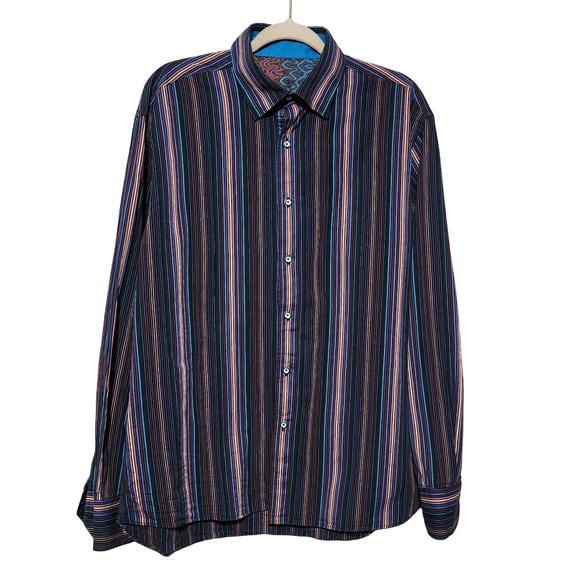 VISCONTI Shirt Mens Large Multicolor Stripe Cotton Contrast Cuffs Modern Western - Picture 2 of 11